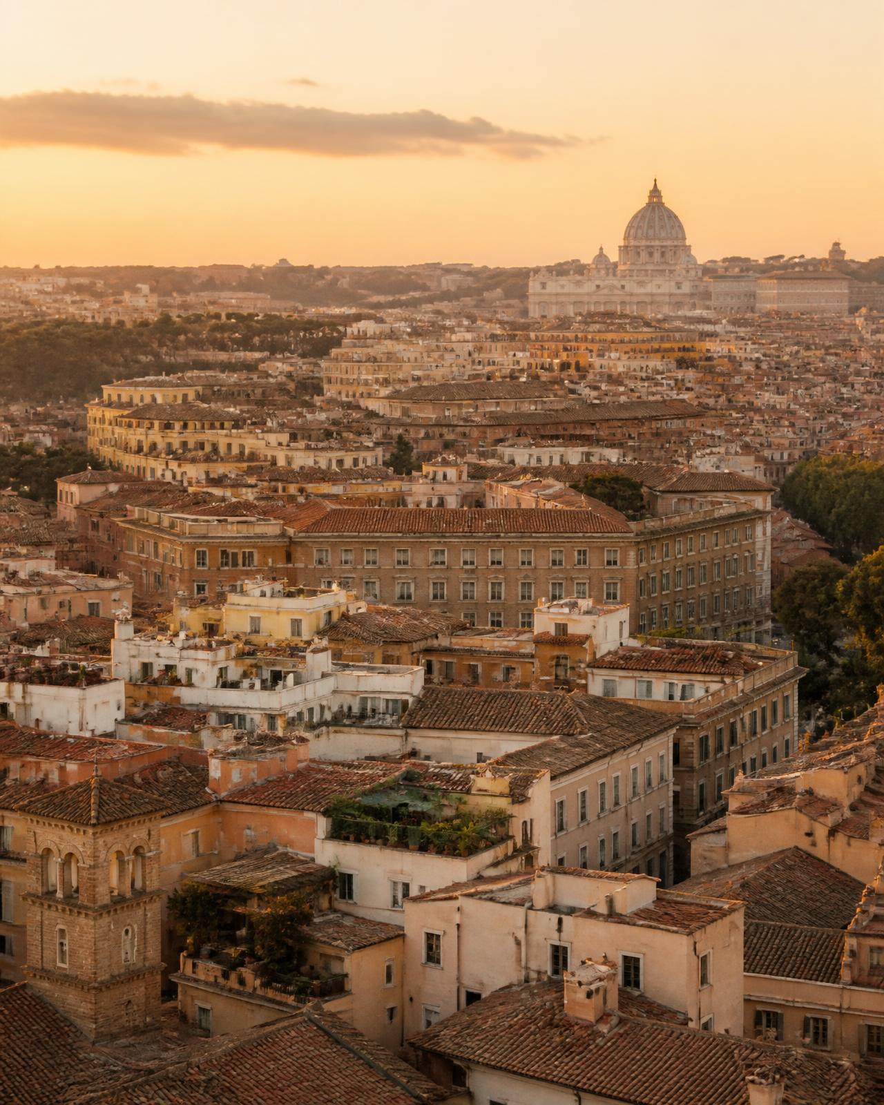 Vista dei tetti di Roma al tramonto con la cupola di San Pietro